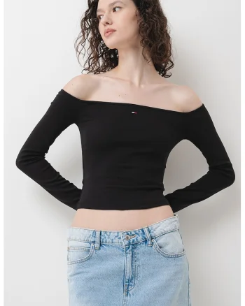 Bluza crop cu decolteu pe un umar, Negru