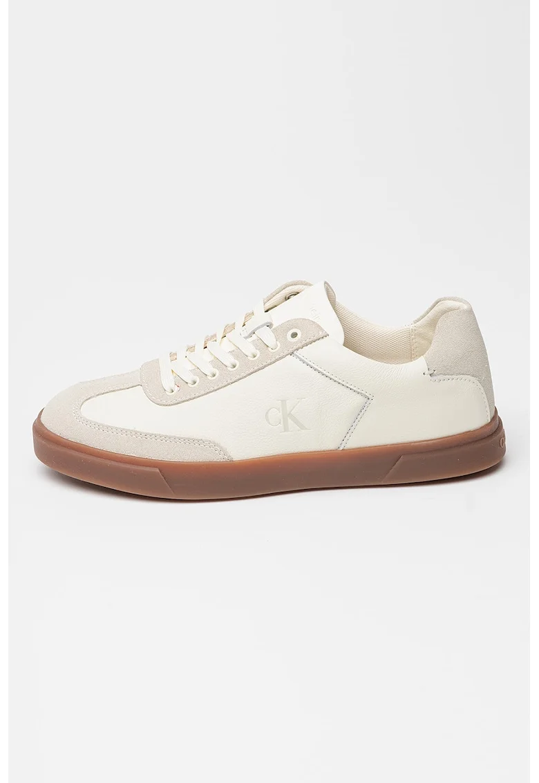 Pantofi sport din piele cu detalii din piele intoarsa, Caramel/Crem