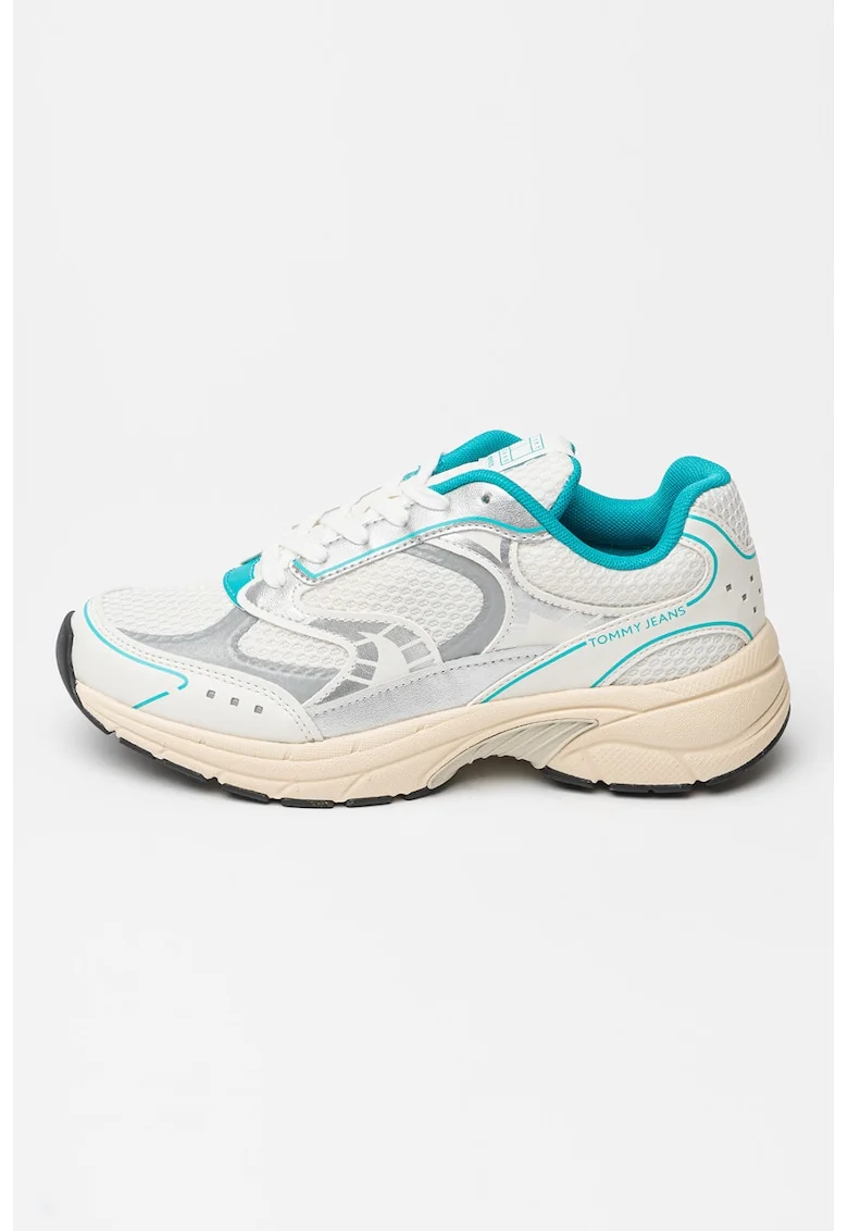 Pantofi sport wedge low-cut, Alb murdar/Argintiu/Verde menta