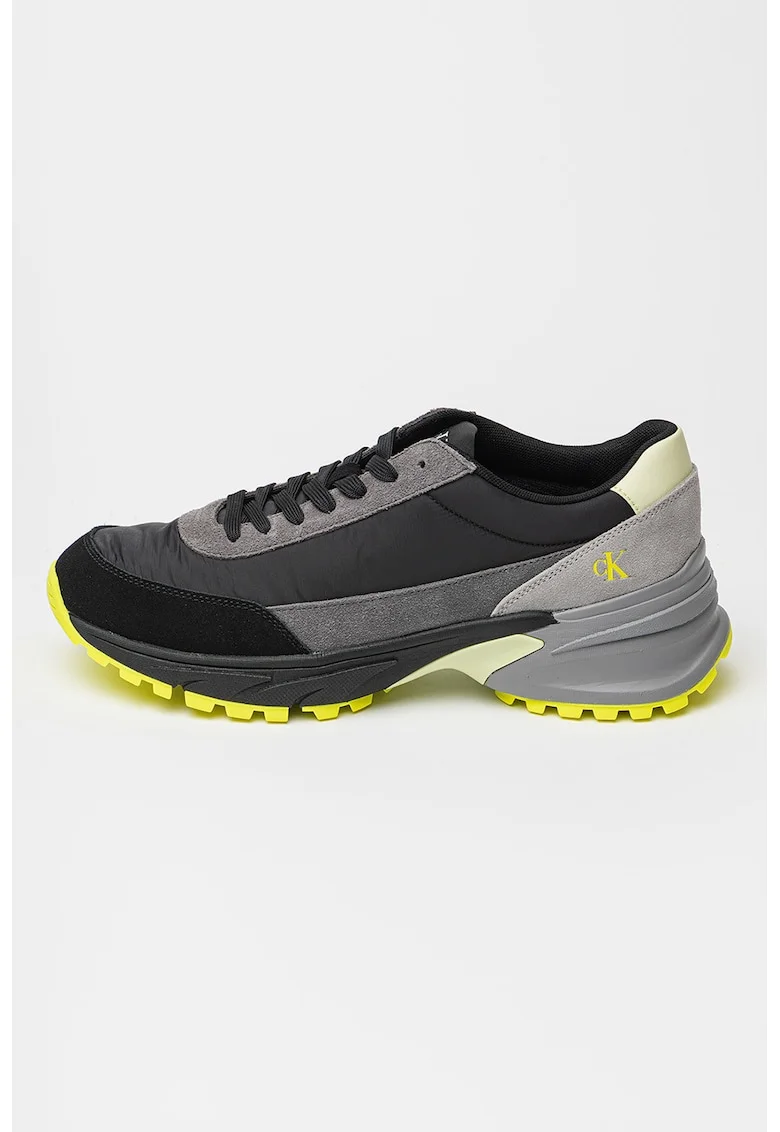 Pantofi sport cu insertii din piele intoarsa, pentru alergare Hike, Negru/Gri inchis/Verde fistic