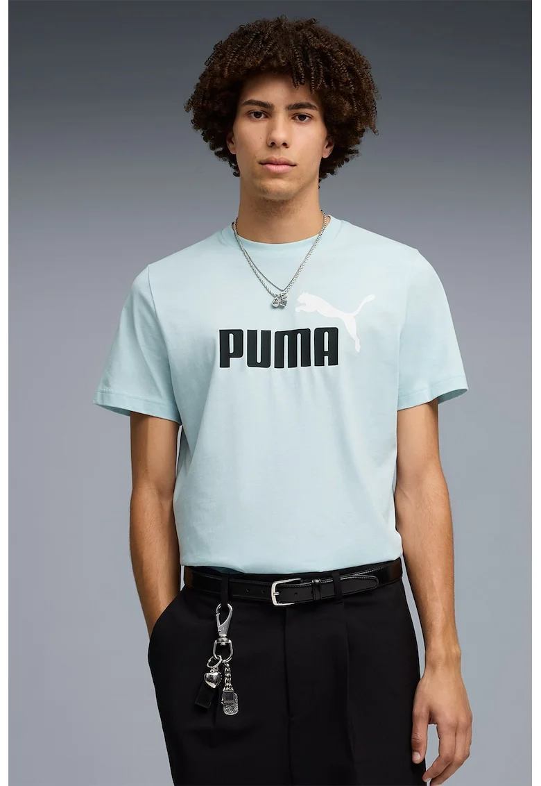 Tricou cu decolteu la baza gatului si imprimeu logo Essentials 2, Albastru pastel/Negru