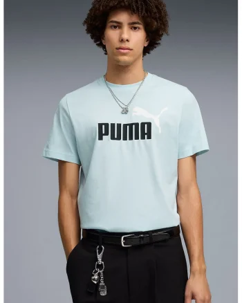 Tricou cu decolteu la baza gatului si imprimeu logo Essentials 2, Albastru pastel/Negru