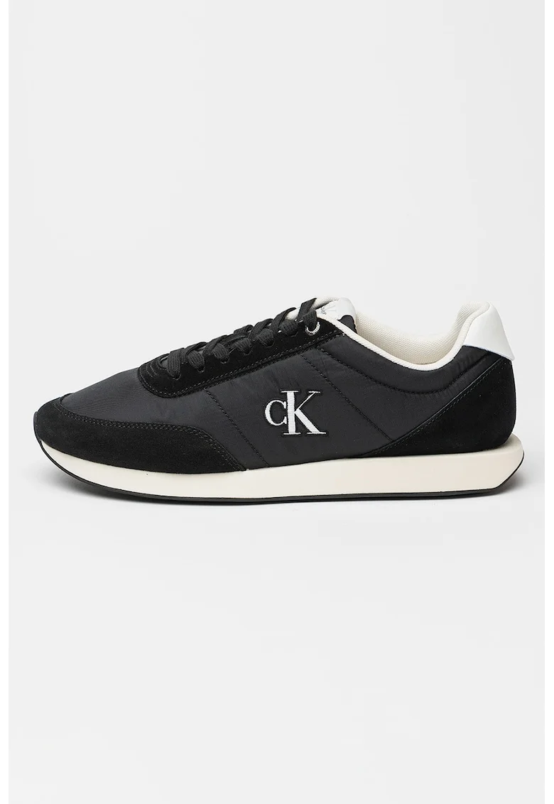 Pantofi sport cu insertii din piele intoarsa Retro Runner, Negru/Alb murdar