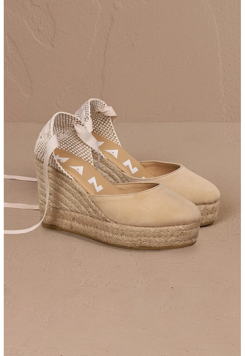 Sandale wedge de piele cu bareta infasurabila, Bej deschis