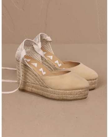 Sandale wedge de piele cu bareta infasurabila, Bej deschis