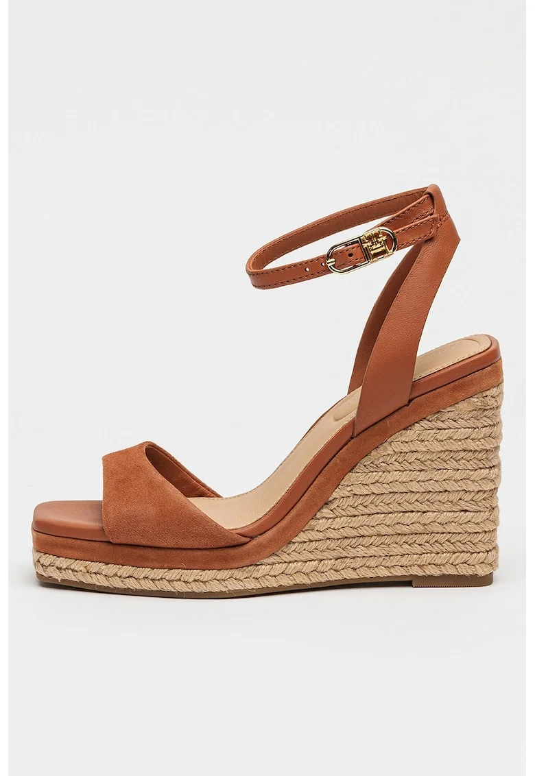 Sandale din piele si piele intoarsa cu talpa wedge, Maro scortisoara