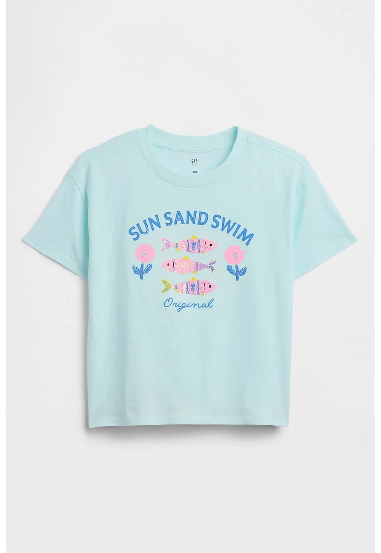Tricou din bumbac cu imprimeu text si grafic, Albastru pastel