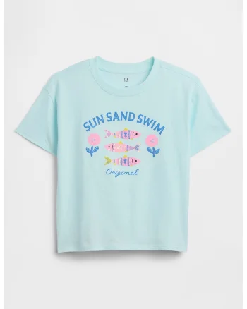 Tricou din bumbac cu imprimeu text si grafic, Albastru pastel