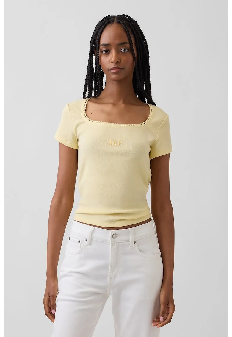 Tricou slim-fit cu decolteu patrat, Galben pal