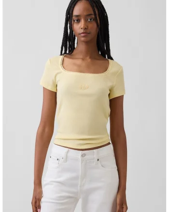 Tricou slim-fit cu decolteu patrat, Galben pal
