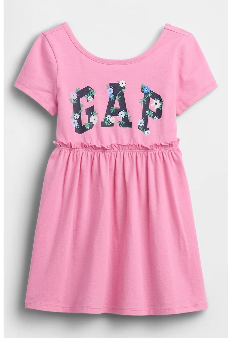 Rochie evazata din bumbac cu imprimeu logo, Roz pastel