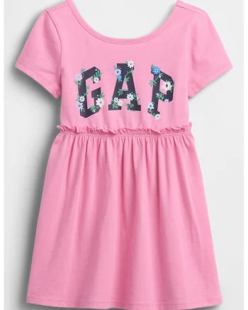 Rochie evazata din bumbac cu imprimeu logo, Roz pastel