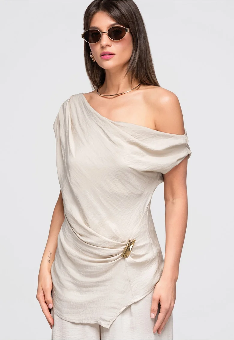 Bluza dama asimetrica cu decolteu inclinat si drapaj, lunga, fara maneci OW-TS-E0053, Bej