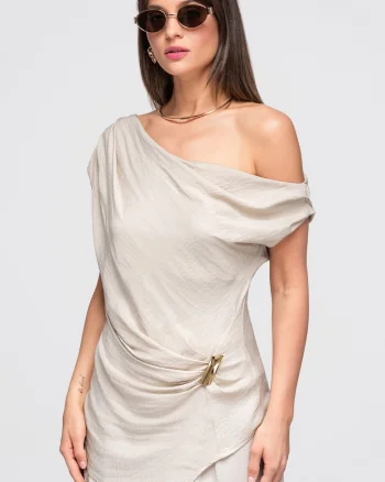 Bluza dama asimetrica cu decolteu inclinat si drapaj, lunga, fara maneci OW-TS-E0053, Bej