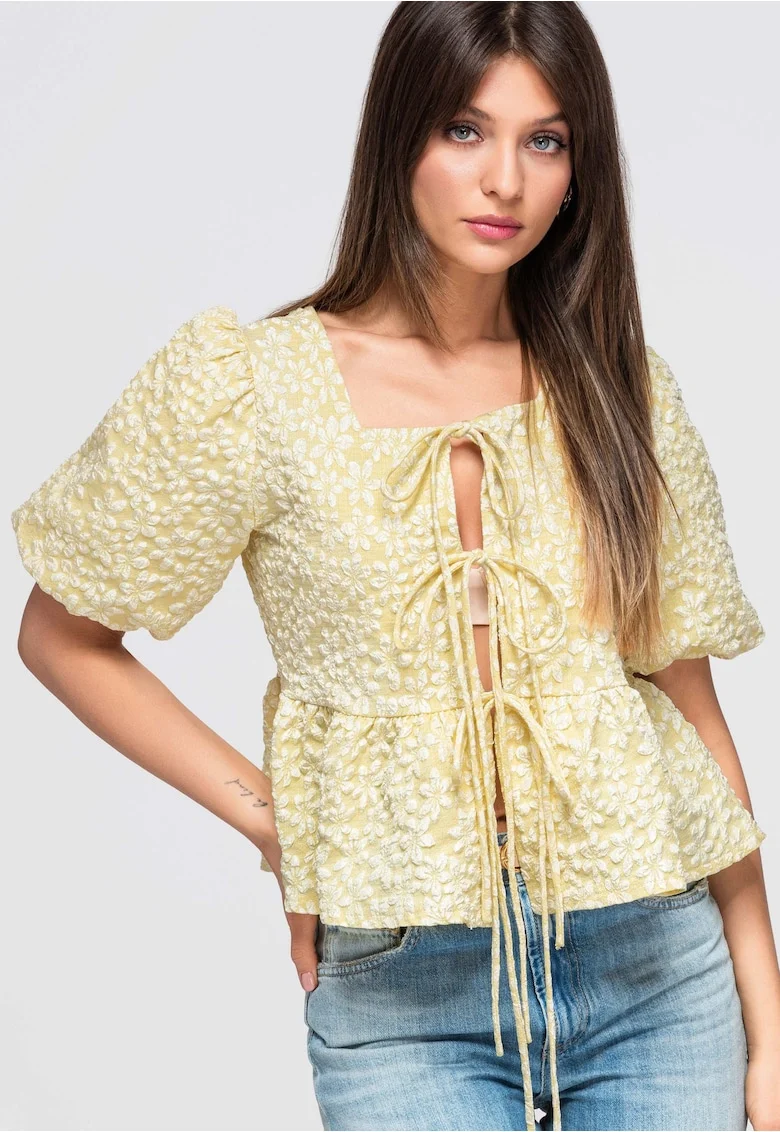 Bluza dama cu decolteu patratos, maneci bufante, material texturat OW-TS-E0048, Galben