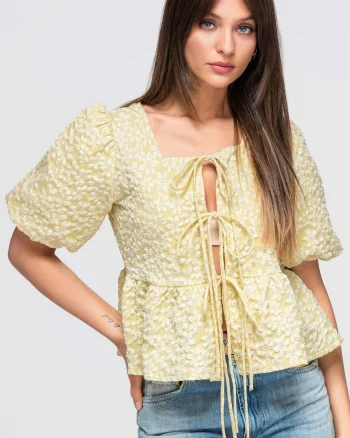 Bluza dama cu decolteu patratos, maneci bufante, material texturat OW-TS-E0048, Galben