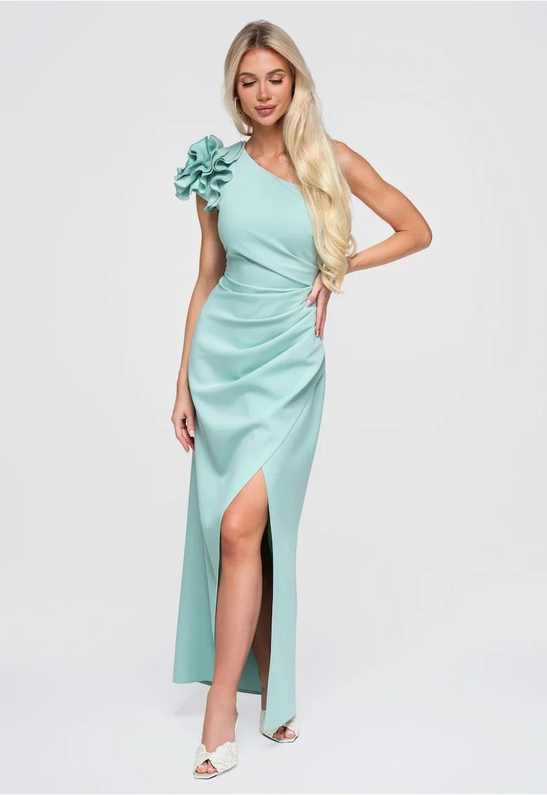 Rochie elegantă maxi cu drapare și decolteu asimetric LA-OM-DLR377, Verde