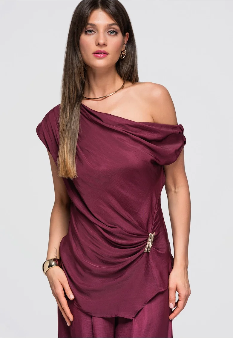Bluza dama asimetrica cu decolteu inclinat si drapaj, lunga, fara maneci OW-TS-E0053, Mov