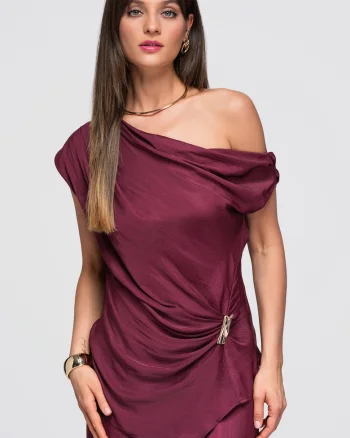 Bluza dama asimetrica cu decolteu inclinat si drapaj, lunga, fara maneci OW-TS-E0053, Mov