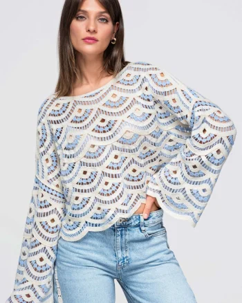 Bluza dama scurta cu decolteu larg si maneci lungi, model asezat OW-TS-E0049, Albastru