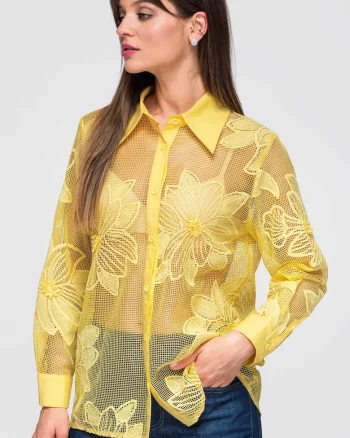 Camasa dama lunga cu guler clasic si maneci lungi, transparenta cu broderie florala OW-SH-E0048, Galben