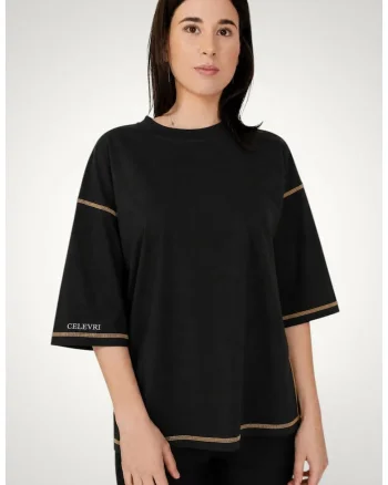 Tricou dama, oversize, cusaturi decorative, bumbac premium, Negru