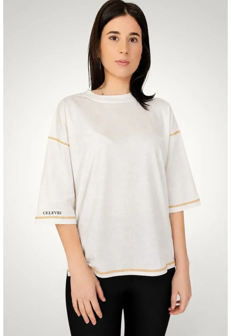 Tricou dama, oversize, cusaturi decorative, bumbac premium, Alb