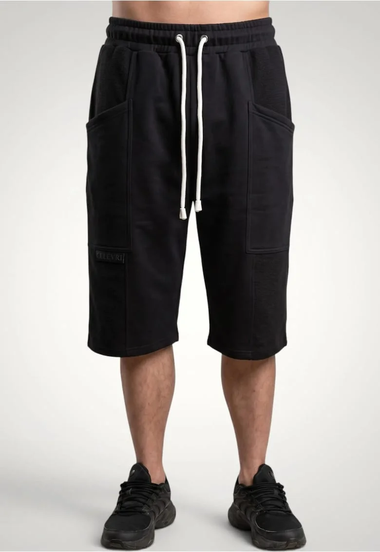 Pantaloni scurti 3/4 pentru barbati cu buzunare aplicate din bumbac premium, Negru