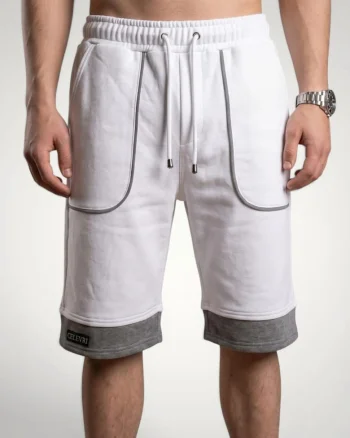 Pantaloni scurti barbati cu buzunare conturate din bumbac premium, Alb