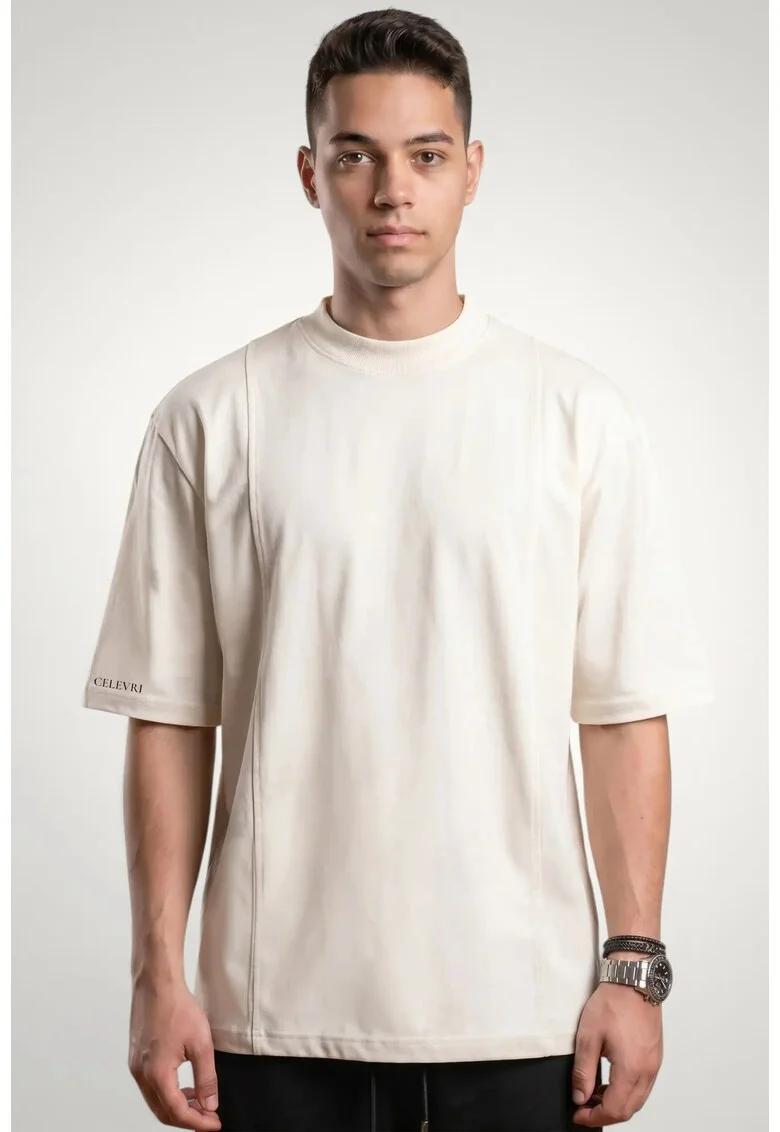 Tricou pentru barbati din bumbac premium, cusaturi ornamentale, Alb murdar