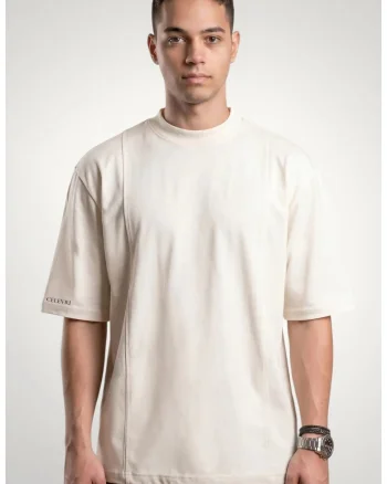 Tricou pentru barbati din bumbac premium, cusaturi ornamentale, Alb murdar
