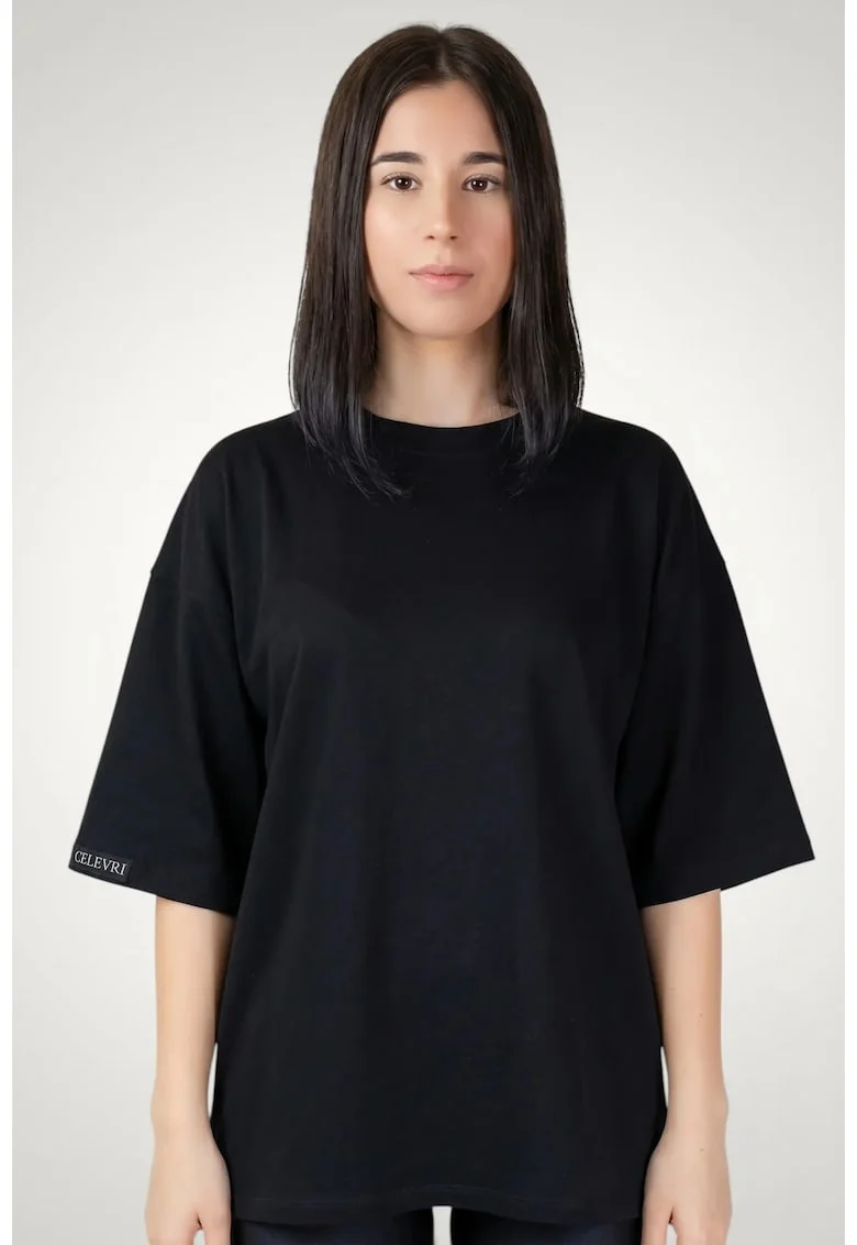 Tricou dama, maneci supradimimensionate din bumbac premium, Negru