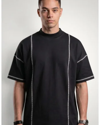 Tricou pentru barbati cu detalii contrastante din bumbac premium, Negru