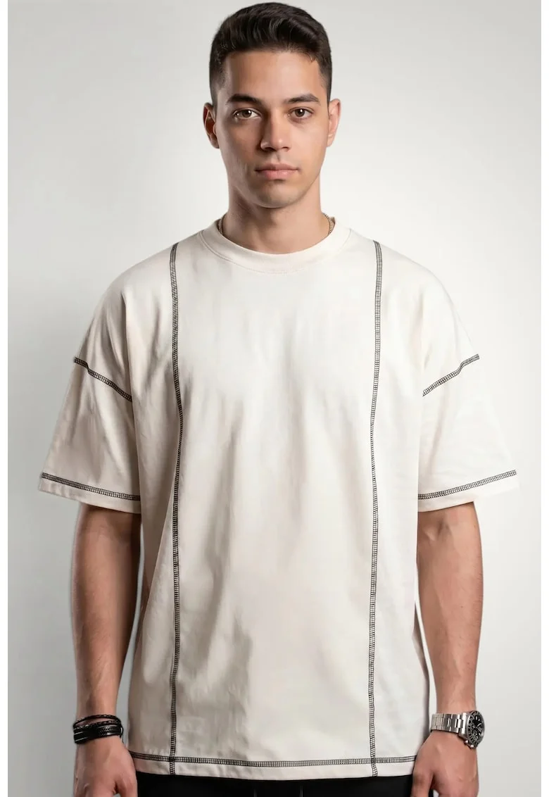 Tricou pentru barbati cu detalii contrastante din bumbac premium, Alb murdar