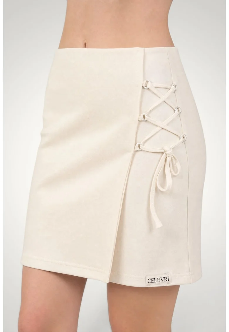 Pantaloni scurti de dama, tip fusta din bumbac premium, cu snur lateral, Alb
