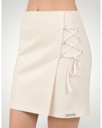 Pantaloni scurti de dama, tip fusta din bumbac premium, cu snur lateral, Alb