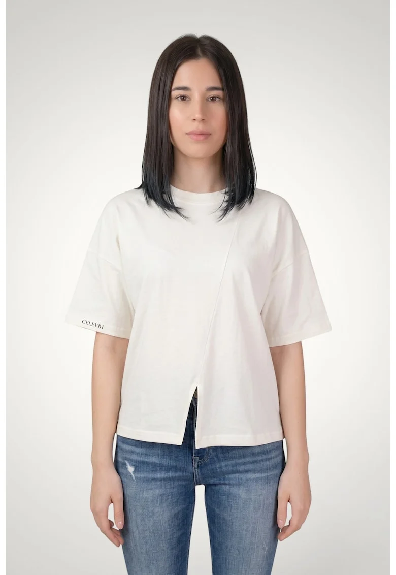 Tricou casual de dama cu maneci asimetrice din bumbac premium, Alb murdar