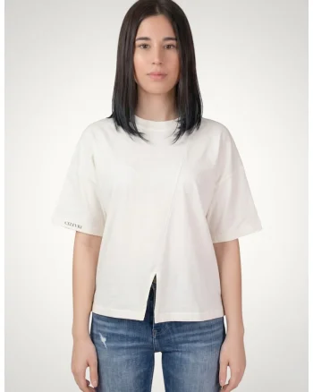 Tricou casual de dama cu maneci asimetrice din bumbac premium, Alb murdar
