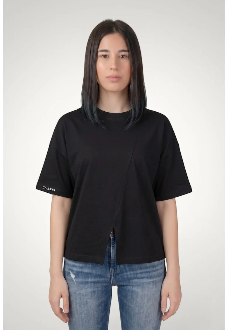 Tricou casual de dama cu maneci asimetrice din bumbac premium, Negru