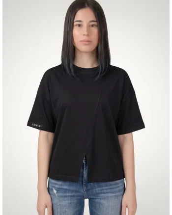 Tricou casual de dama cu maneci asimetrice din bumbac premium, Negru