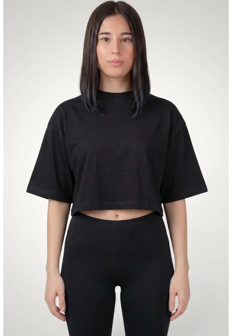 Tricou crop oversize de dama din bumbac premium, Negru