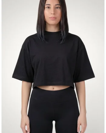 Tricou crop oversize de dama din bumbac premium, Negru
