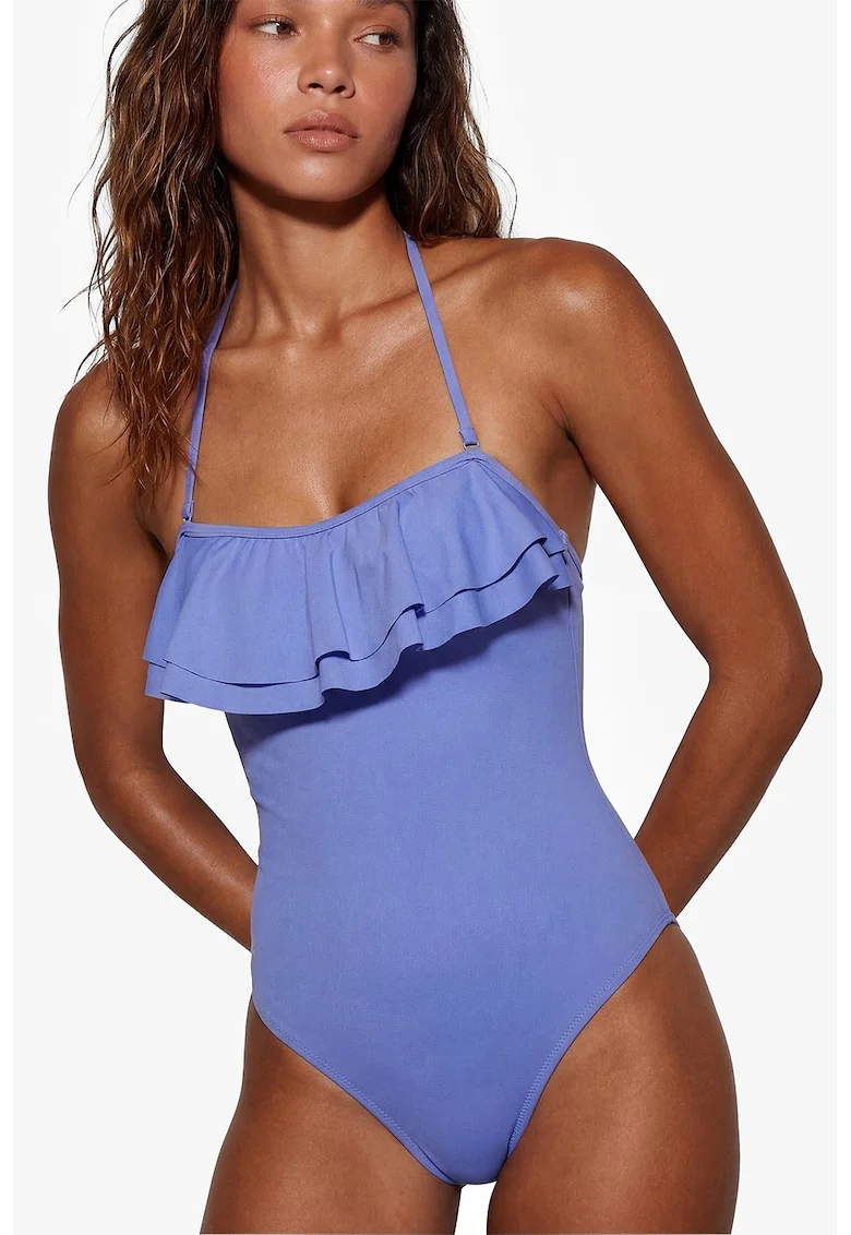 Costum de baie intreg cu model uni si bretele detasabile, Albastru cobalt