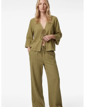 Bluza din amestec de bumbac cu decolteu in V, Verde masliniu