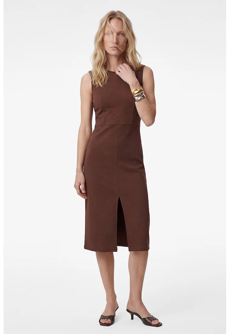 Rochie cambrata cu slit frontal, Maro cognac
