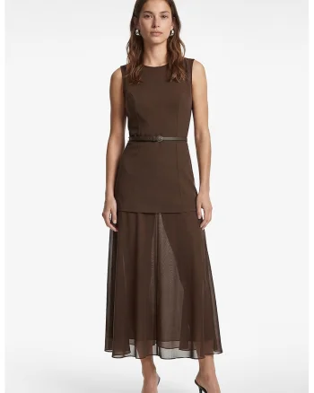 Rochie maxi fara maneci cu segment semitransparent, Maro inchis