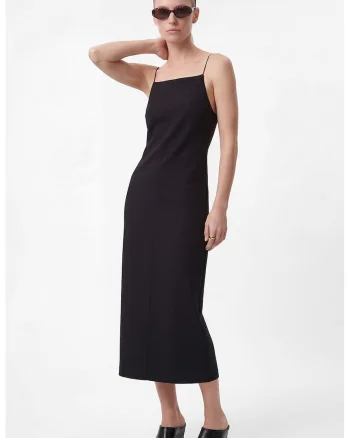 Rochie midi dreapta cu bretele subtiri, Negru