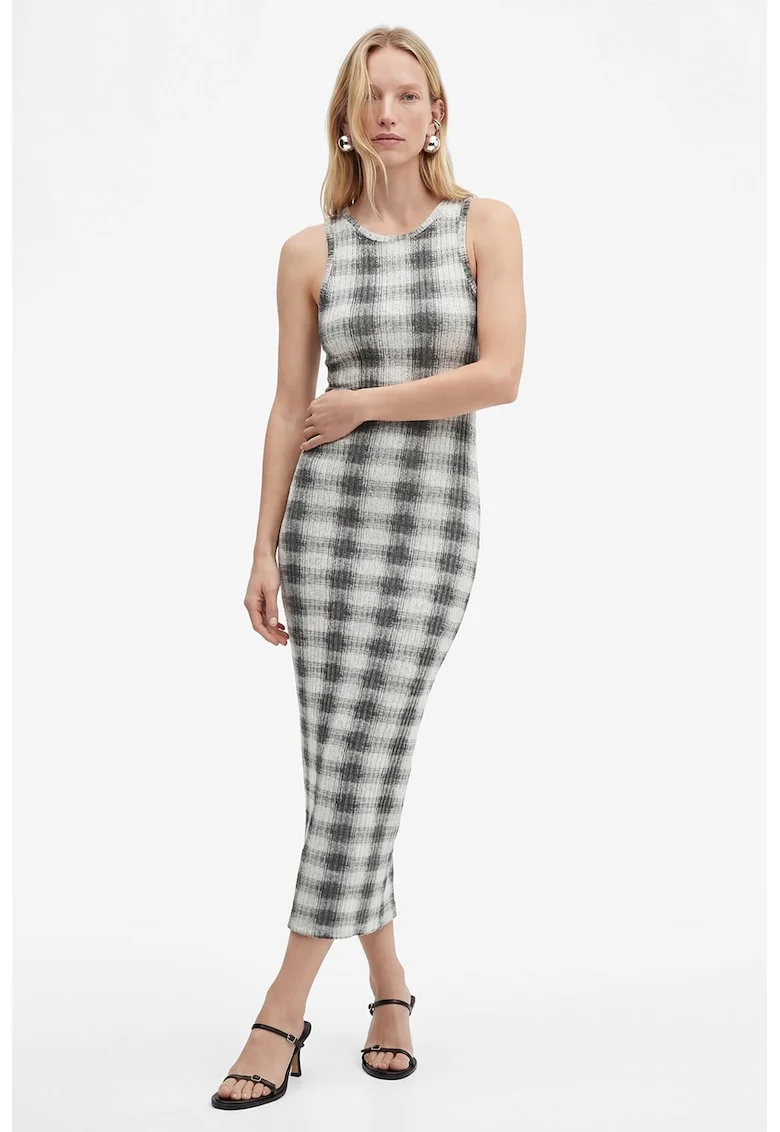 Rochie fara maneci cu model in carouri, Alb fildes/Gri antracit
