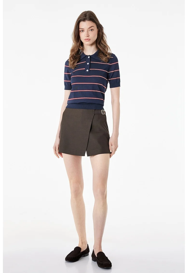 Fusta-pantalon mini cu catarama decorativa, Maro inchis