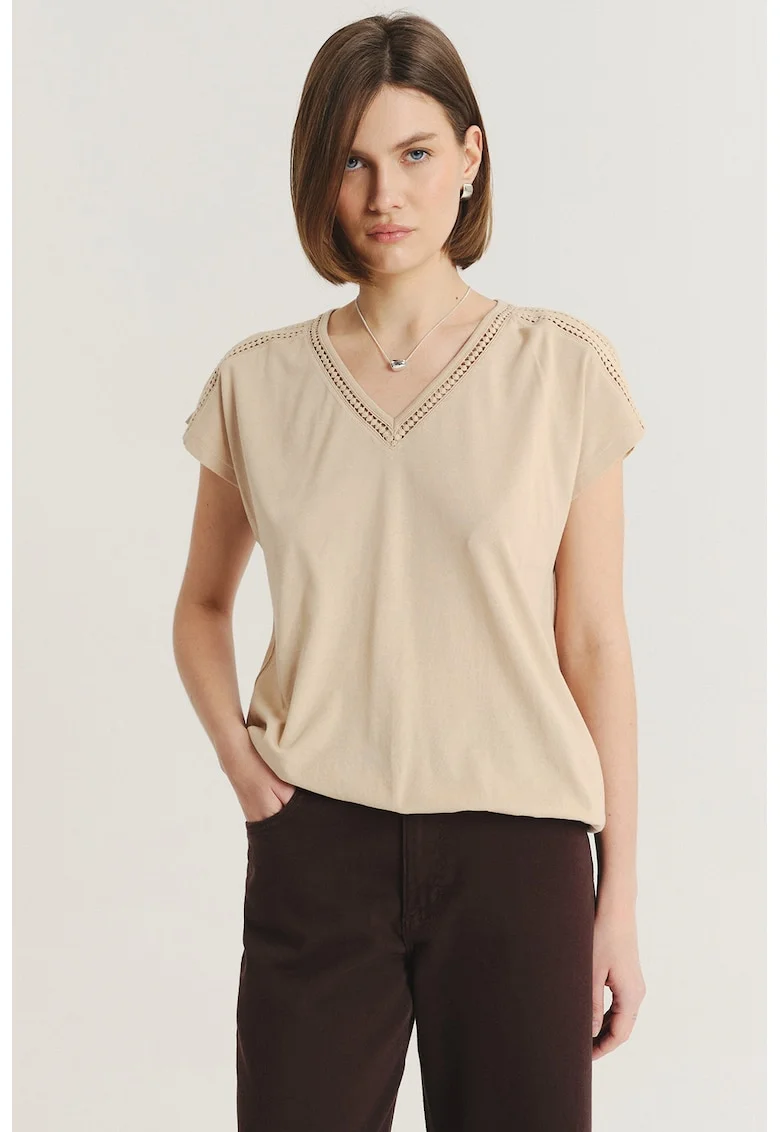 Tricou din amestec de modal cu decolteu in V, Bej sampanie